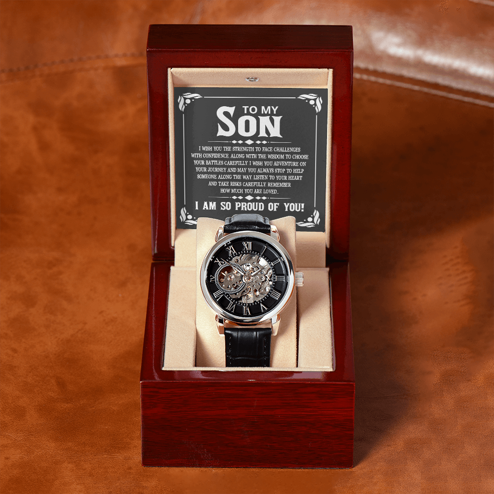 To My Son I Wish You The Strength Men's Openwork Watch With Mahogany Box-Express Your Love Gifts