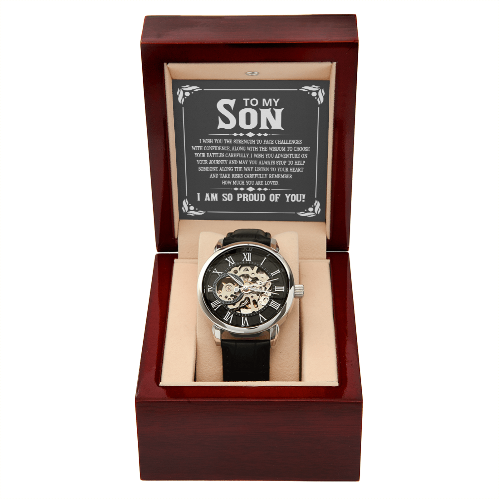To My Son I Wish You The Strength Men's Openwork Watch With Mahogany Box-Express Your Love Gifts