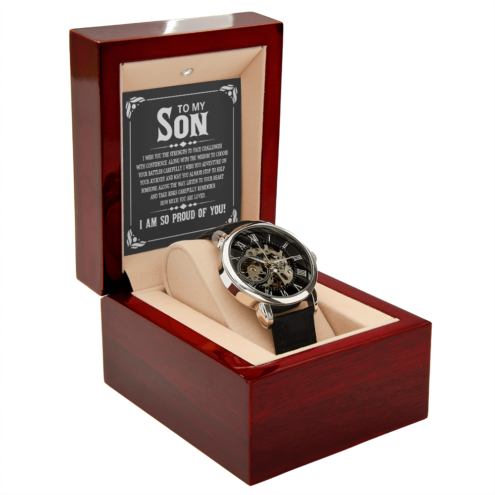 To My Son I Wish You The Strength Men's Openwork Watch With Mahogany Box-Express Your Love Gifts