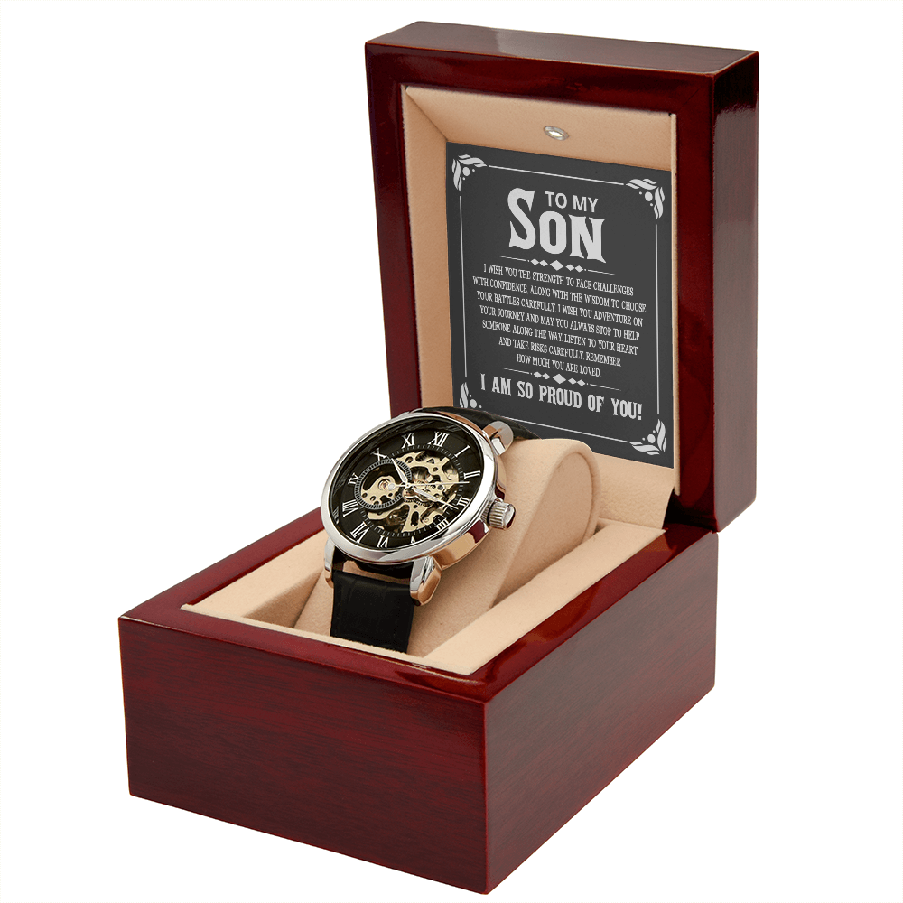 To My Son I Wish You The Strength Men's Openwork Watch With Mahogany Box-Express Your Love Gifts