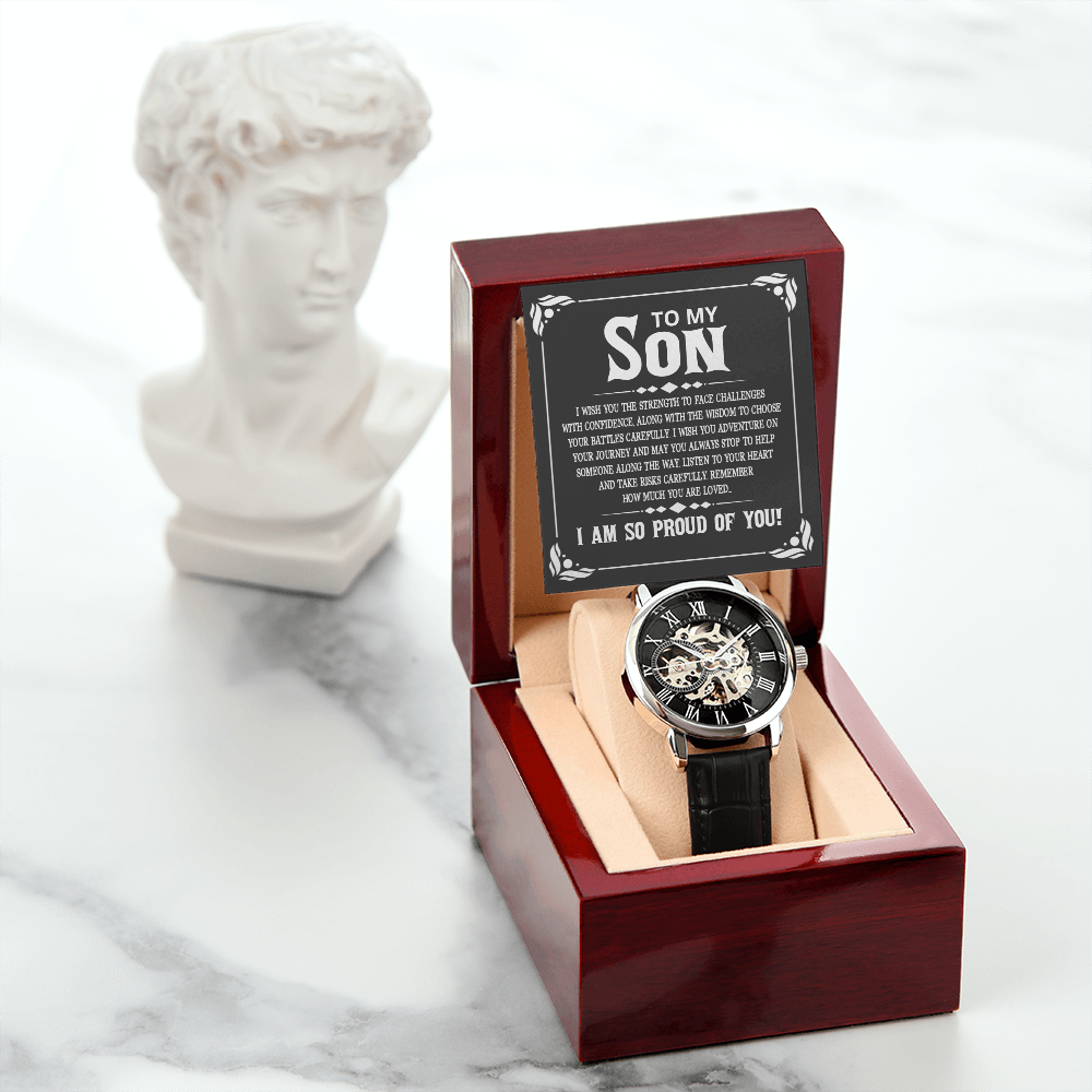 To My Son I Wish You The Strength Men's Openwork Watch With Mahogany Box-Express Your Love Gifts