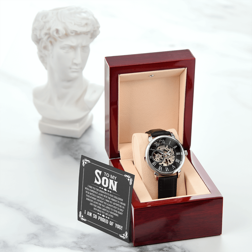 To My Son I Wish You The Strength Men's Openwork Watch With Mahogany Box-Express Your Love Gifts