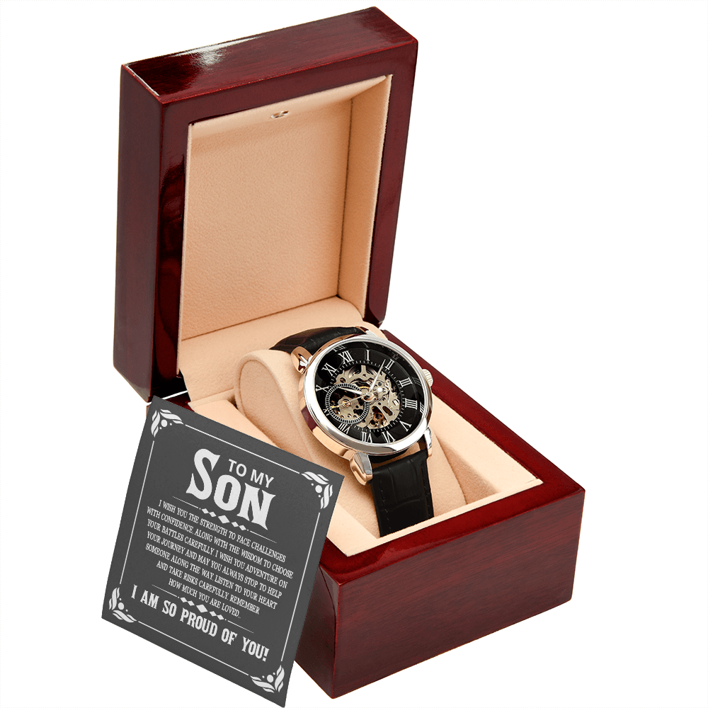 To My Son I Wish You The Strength Men's Openwork Watch With Mahogany Box-Express Your Love Gifts