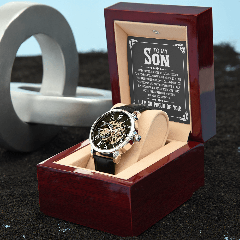 To My Son I Wish You The Strength Men's Openwork Watch With Mahogany Box-Express Your Love Gifts