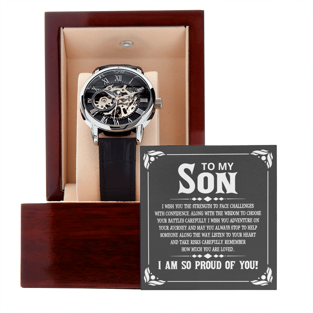 To My Son I Wish You The Strength Men's Openwork Watch With Mahogany Box-Express Your Love Gifts
