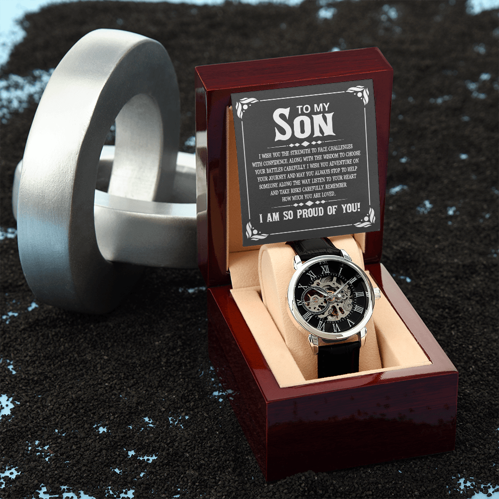 To My Son I Wish You The Strength Men's Openwork Watch With Mahogany Box-Express Your Love Gifts