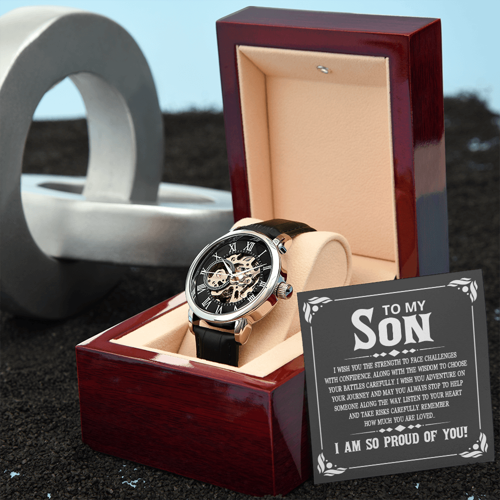 To My Son I Wish You The Strength Men's Openwork Watch With Mahogany Box-Express Your Love Gifts