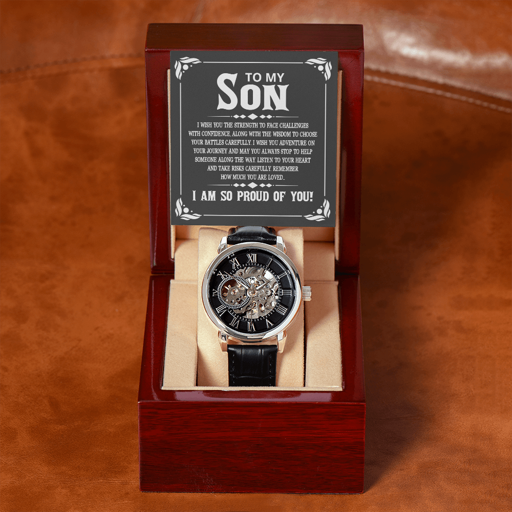 To My Son I Wish You The Strength Men's Openwork Watch With Mahogany Box-Express Your Love Gifts