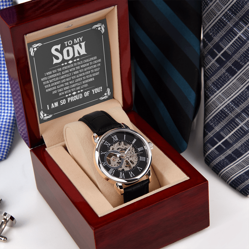To My Son I Wish You The Strength Men's Openwork Watch With Mahogany Box-Express Your Love Gifts
