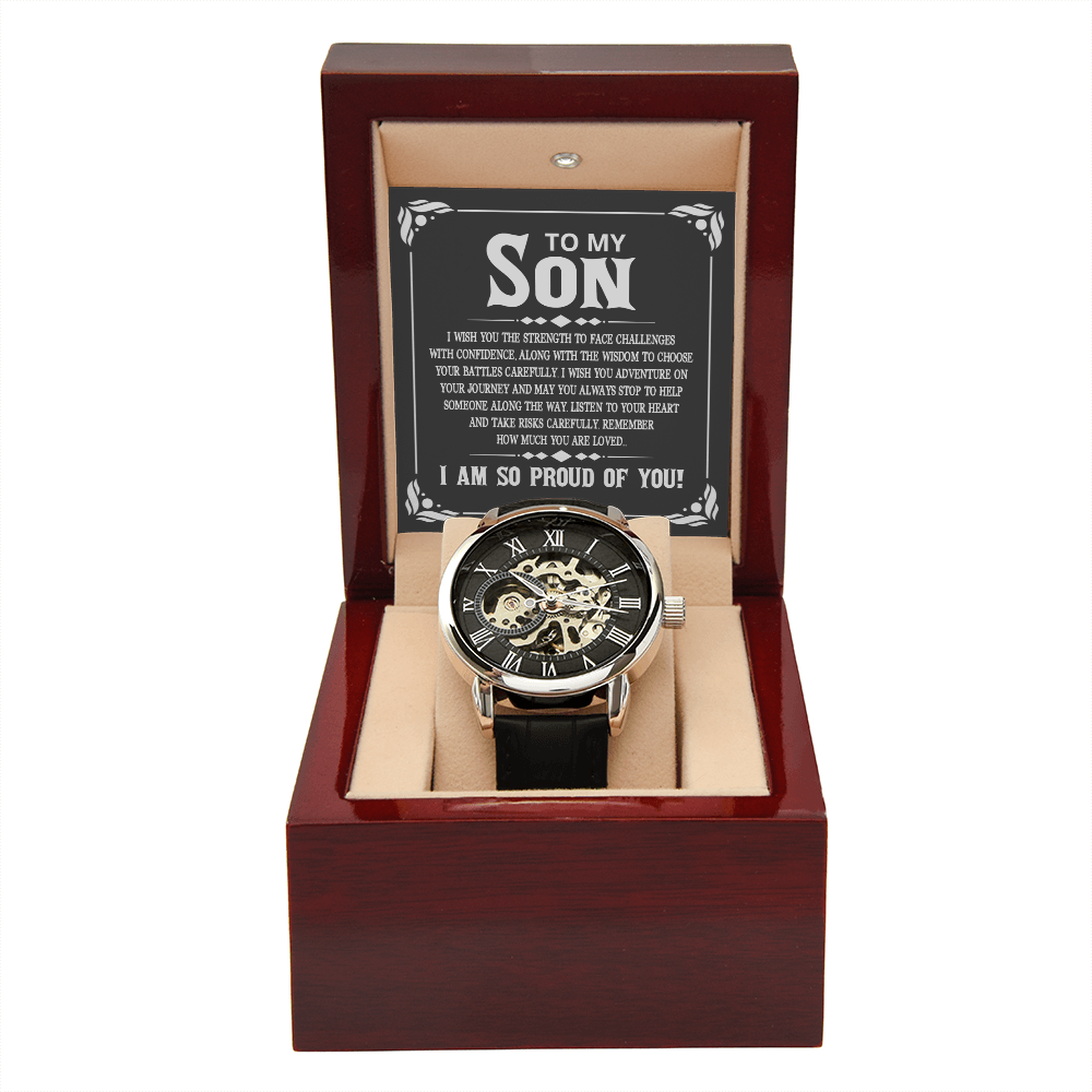 To My Son I Wish You The Strength Men's Openwork Watch With Mahogany Box-Express Your Love Gifts