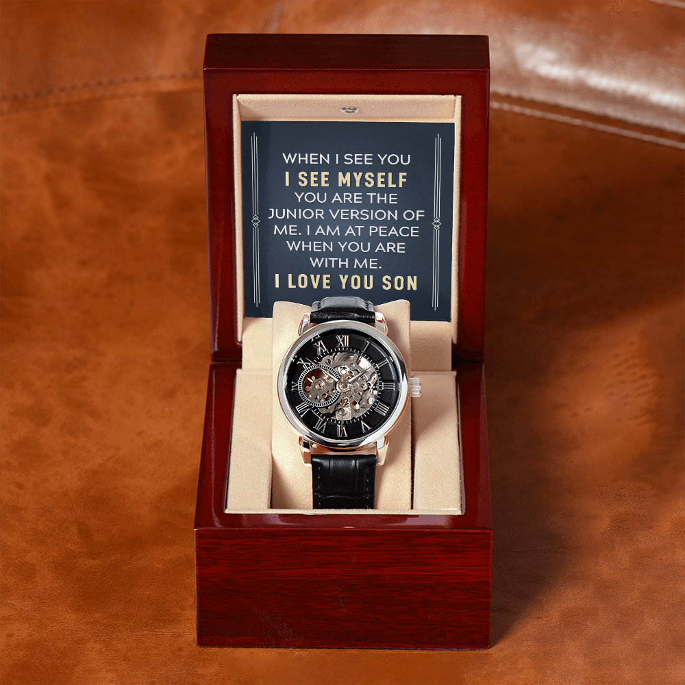 To My Son When I See You Men's Openwork Watch With Message Card in Mahogany Box-Express Your Love Gifts