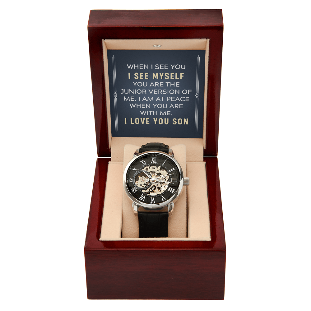 To My Son When I See You Men's Openwork Watch With Message Card in Mahogany Box-Express Your Love Gifts