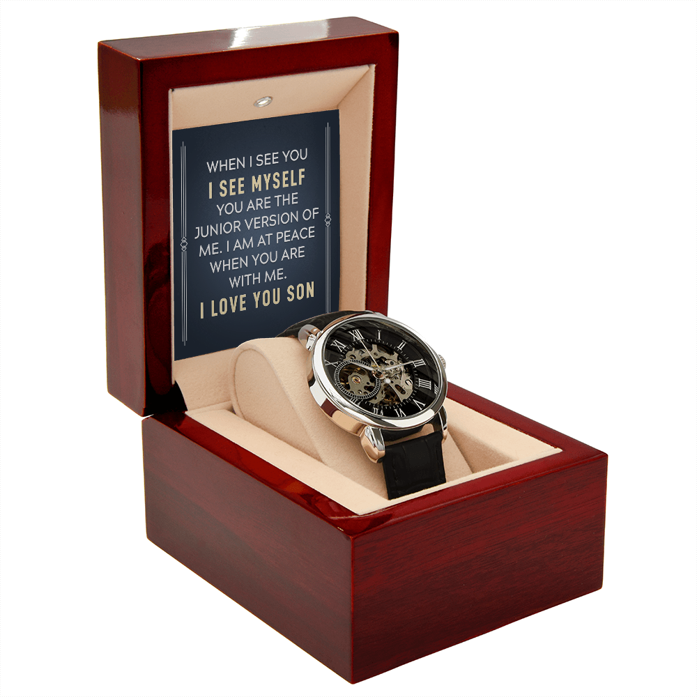 To My Son When I See You Men's Openwork Watch With Message Card in Mahogany Box-Express Your Love Gifts