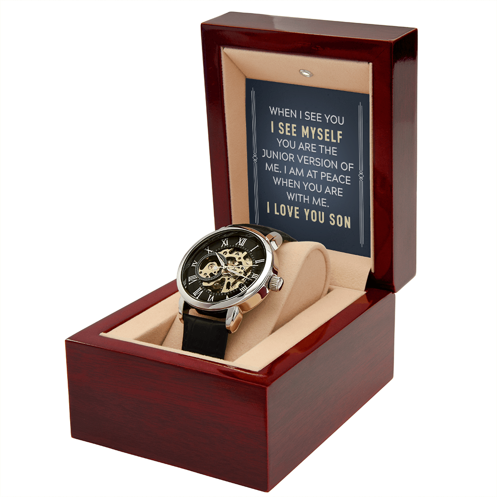 To My Son When I See You Men's Openwork Watch With Message Card in Mahogany Box-Express Your Love Gifts