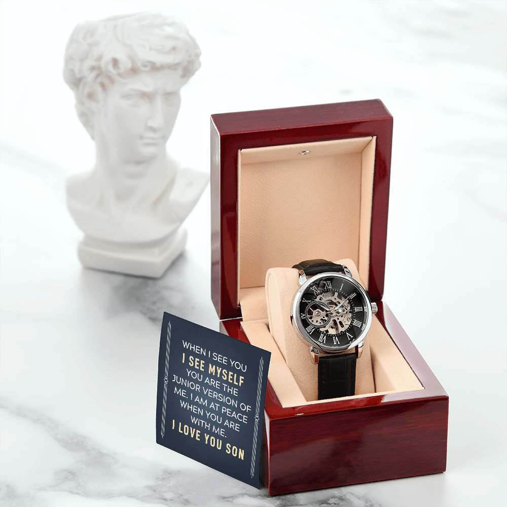 To My Son When I See You Men's Openwork Watch With Message Card in Mahogany Box-Express Your Love Gifts