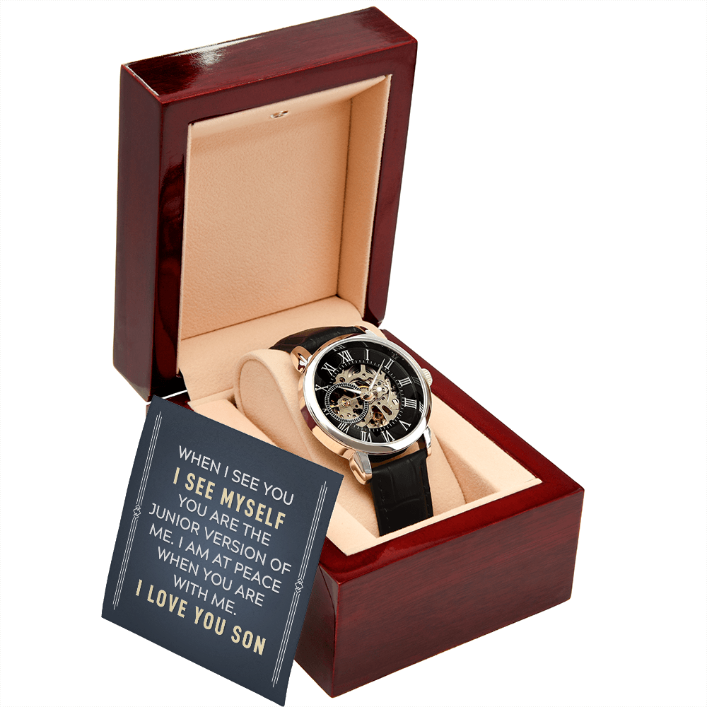 To My Son When I See You Men's Openwork Watch With Message Card in Mahogany Box-Express Your Love Gifts