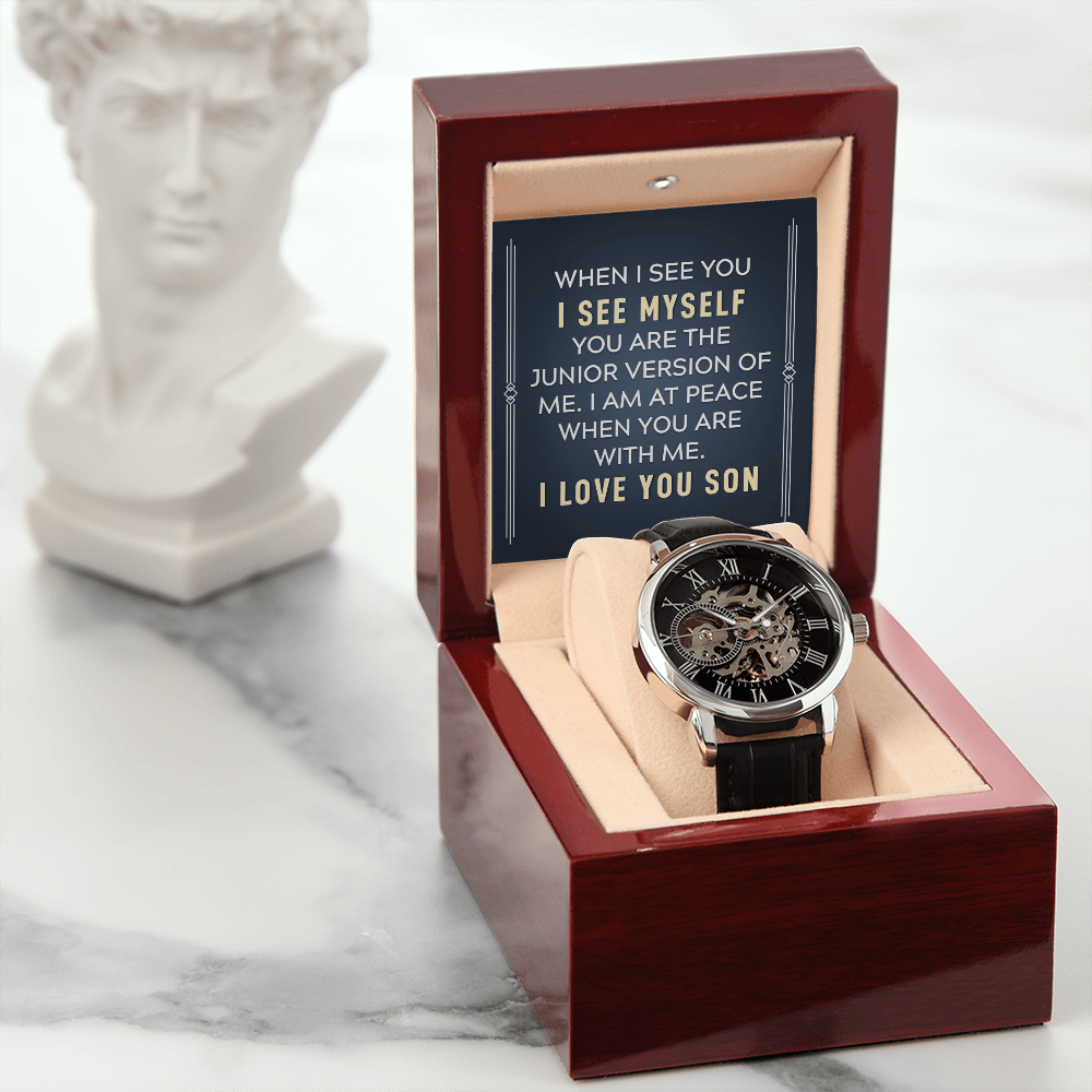 To My Son When I See You Men's Openwork Watch With Message Card in Mahogany Box-Express Your Love Gifts