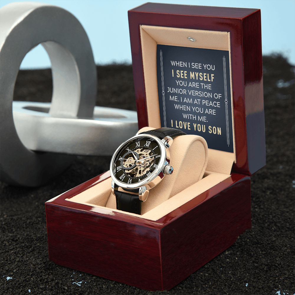To My Son When I See You Men's Openwork Watch With Message Card in Mahogany Box-Express Your Love Gifts