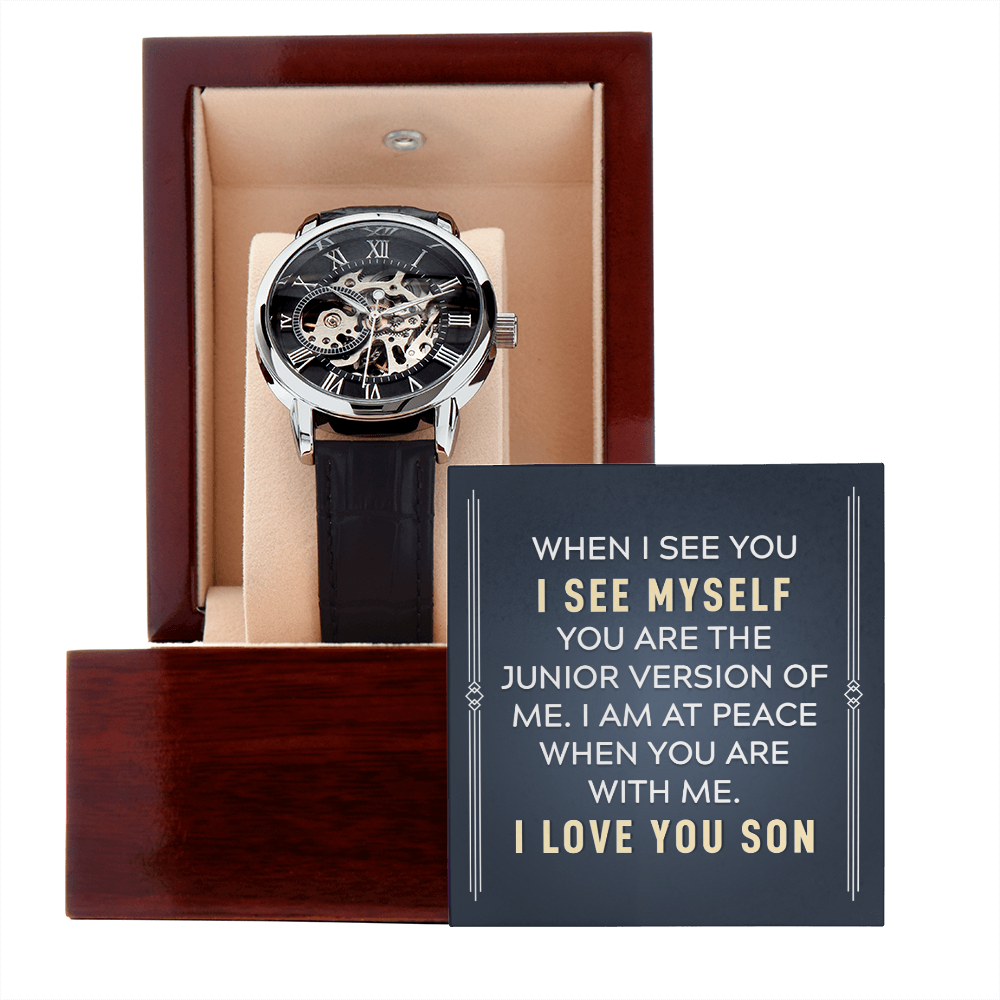 To My Son When I See You Men's Openwork Watch With Message Card in Mahogany Box-Express Your Love Gifts