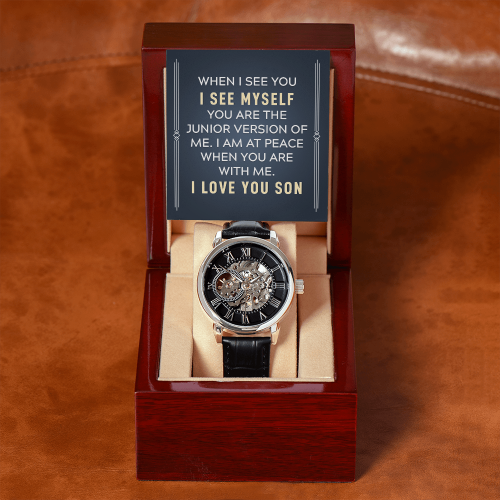To My Son When I See You Men's Openwork Watch With Message Card in Mahogany Box-Express Your Love Gifts