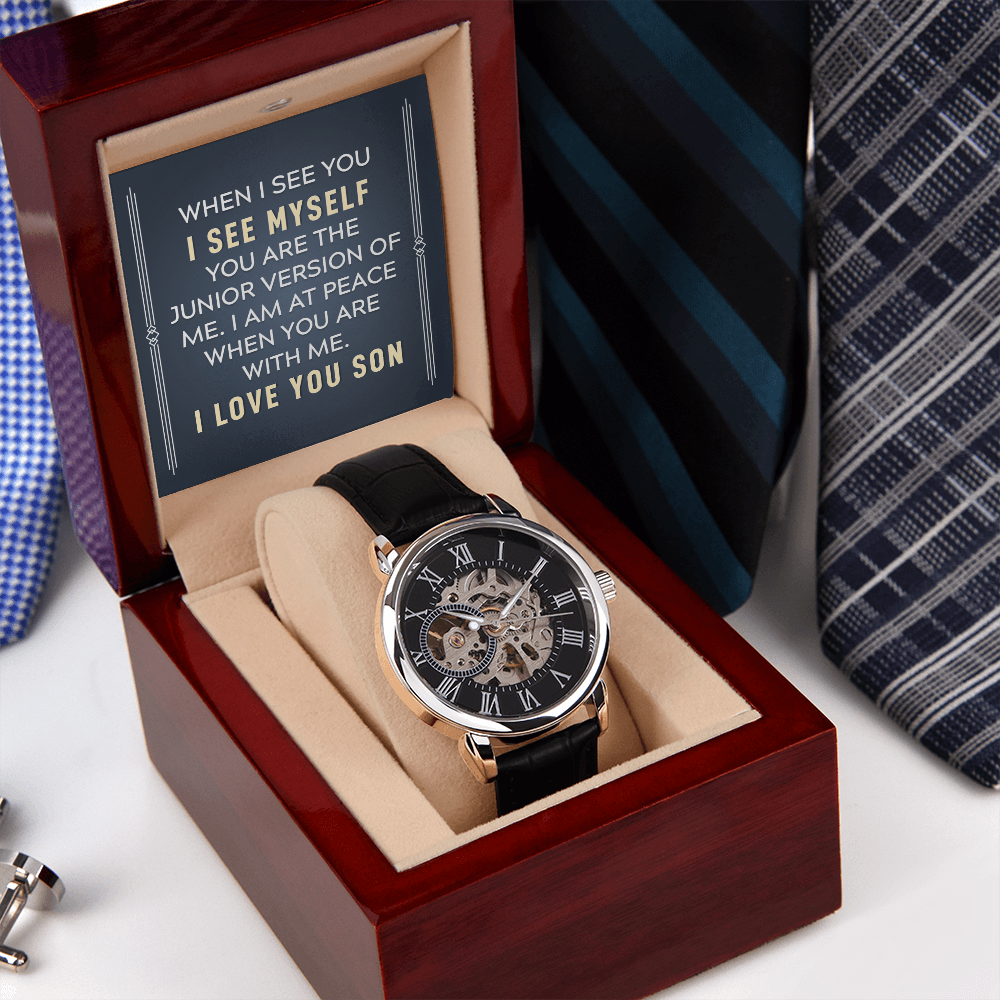 To My Son When I See You Men's Openwork Watch With Message Card in Mahogany Box-Express Your Love Gifts