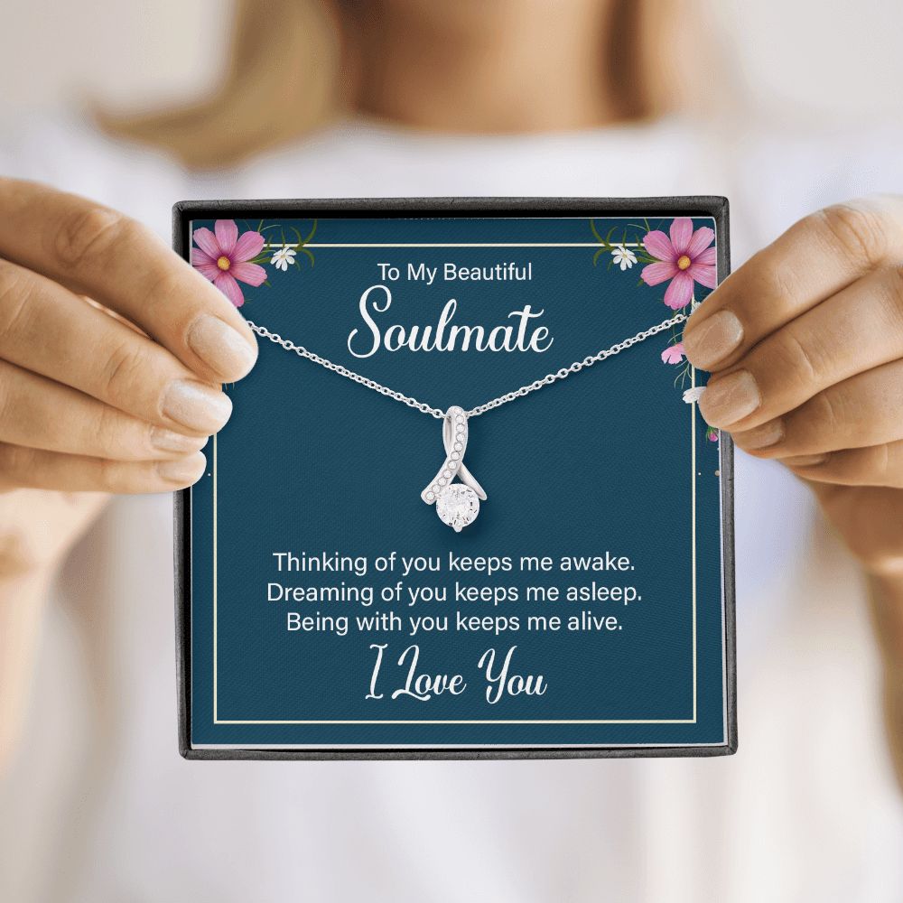 To My Soulmate Thinking of You Keeps Me Awake Alluring Ribbon Necklace Message Card-Express Your Love Gifts