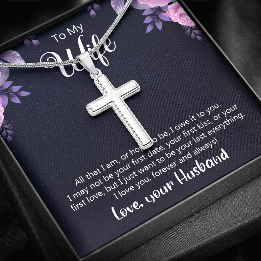 To My Wife All That I Am or Hope To Be Cross Card Necklace w Stainless Steel Pendant-Express Your Love Gifts