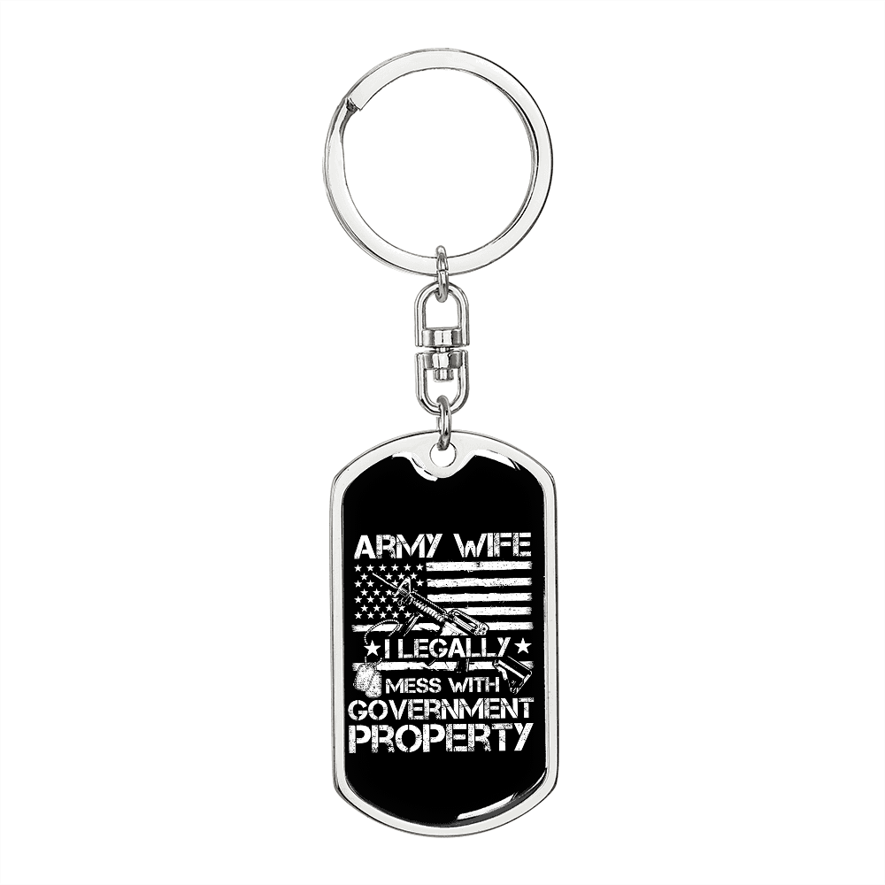 To My Wife Army Wife Government Property Keychain Stainless Steel or 18k Gold Dog Tag Keyring-Express Your Love Gifts