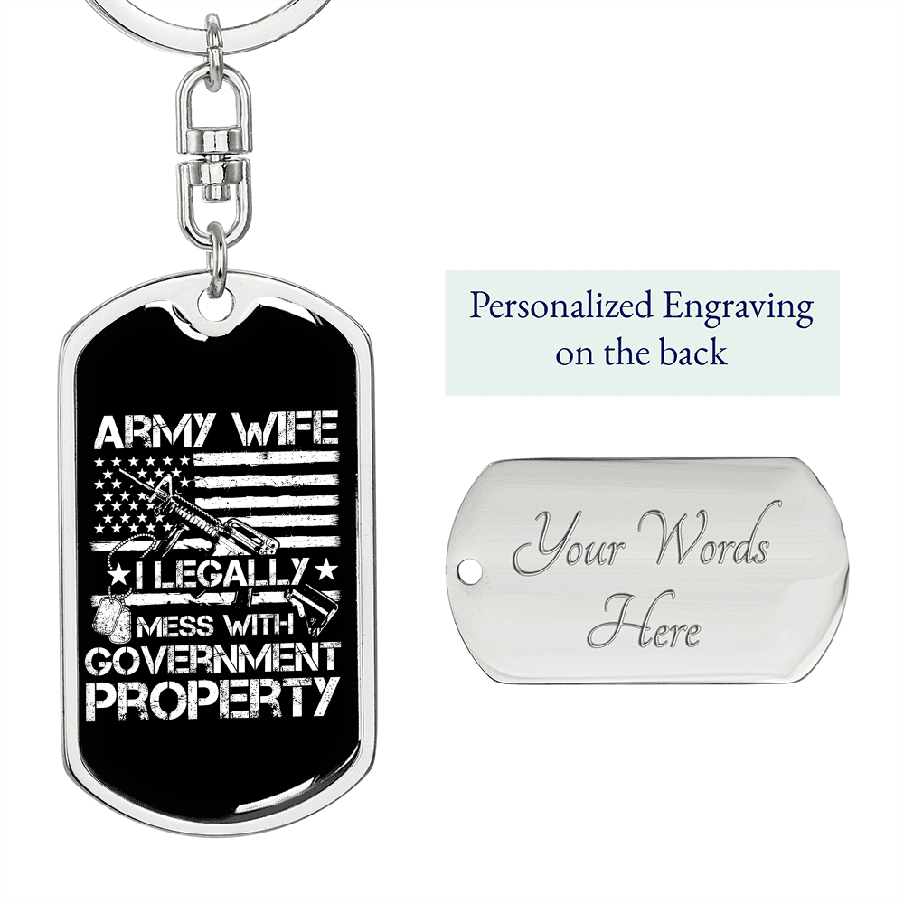 To My Wife Army Wife Government Property Keychain Stainless Steel or 18k Gold Dog Tag Keyring-Express Your Love Gifts