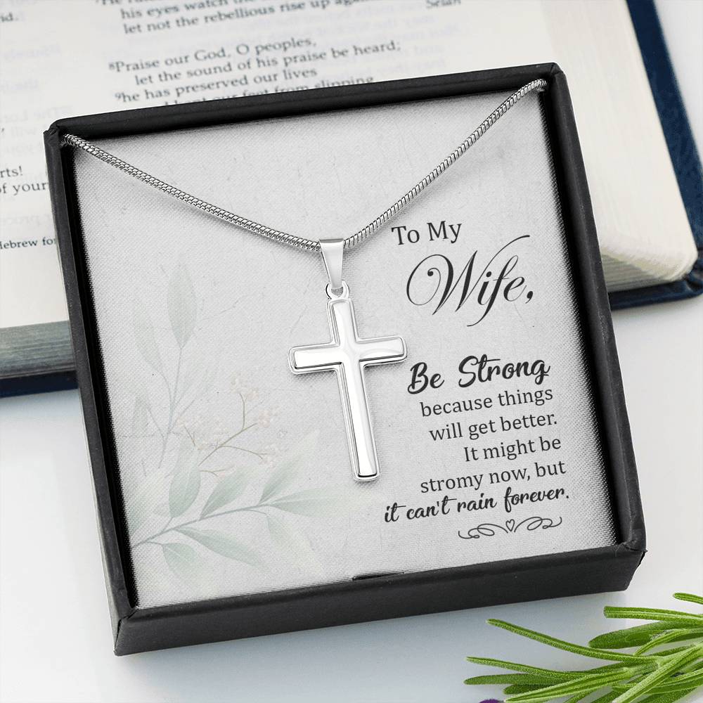 To My Wife Be Strong Cross Card Necklace w Stainless Steel Pendant-Express Your Love Gifts