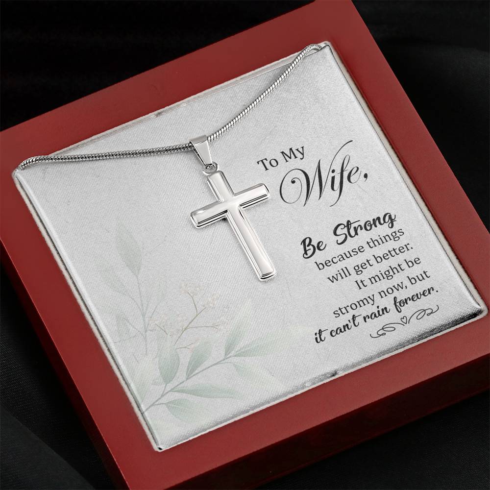 To My Wife Be Strong Cross Card Necklace w Stainless Steel Pendant-Express Your Love Gifts