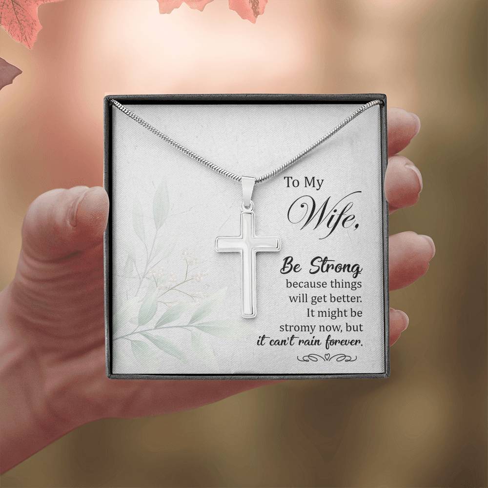 To My Wife Be Strong Cross Card Necklace w Stainless Steel Pendant-Express Your Love Gifts