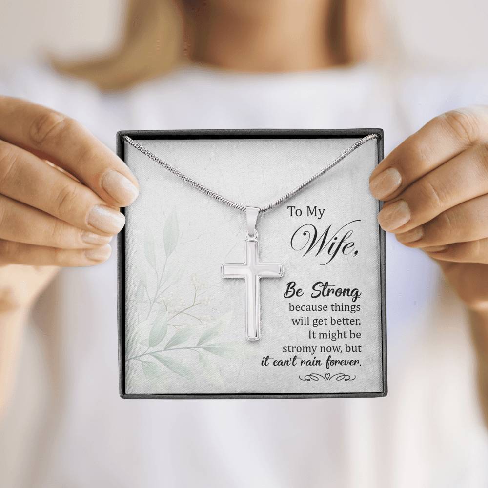 To My Wife Be Strong Cross Card Necklace w Stainless Steel Pendant-Express Your Love Gifts
