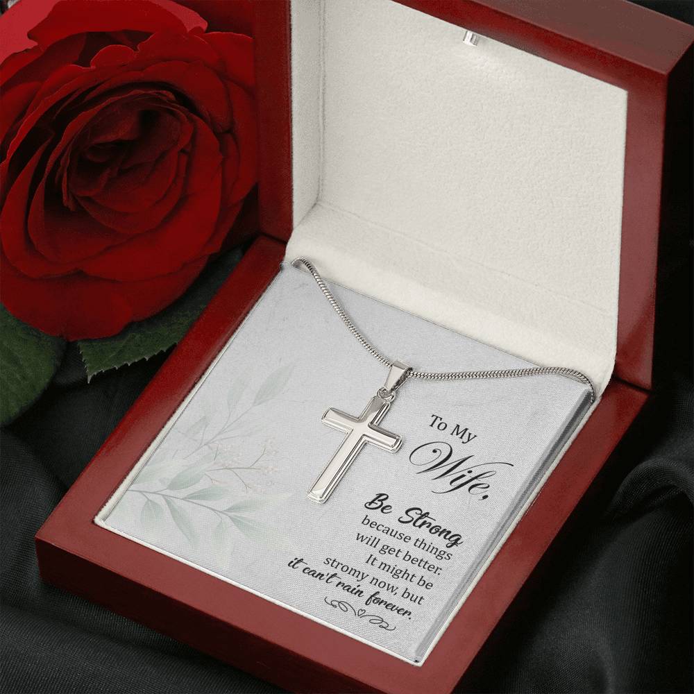 To My Wife Be Strong Cross Card Necklace w Stainless Steel Pendant-Express Your Love Gifts