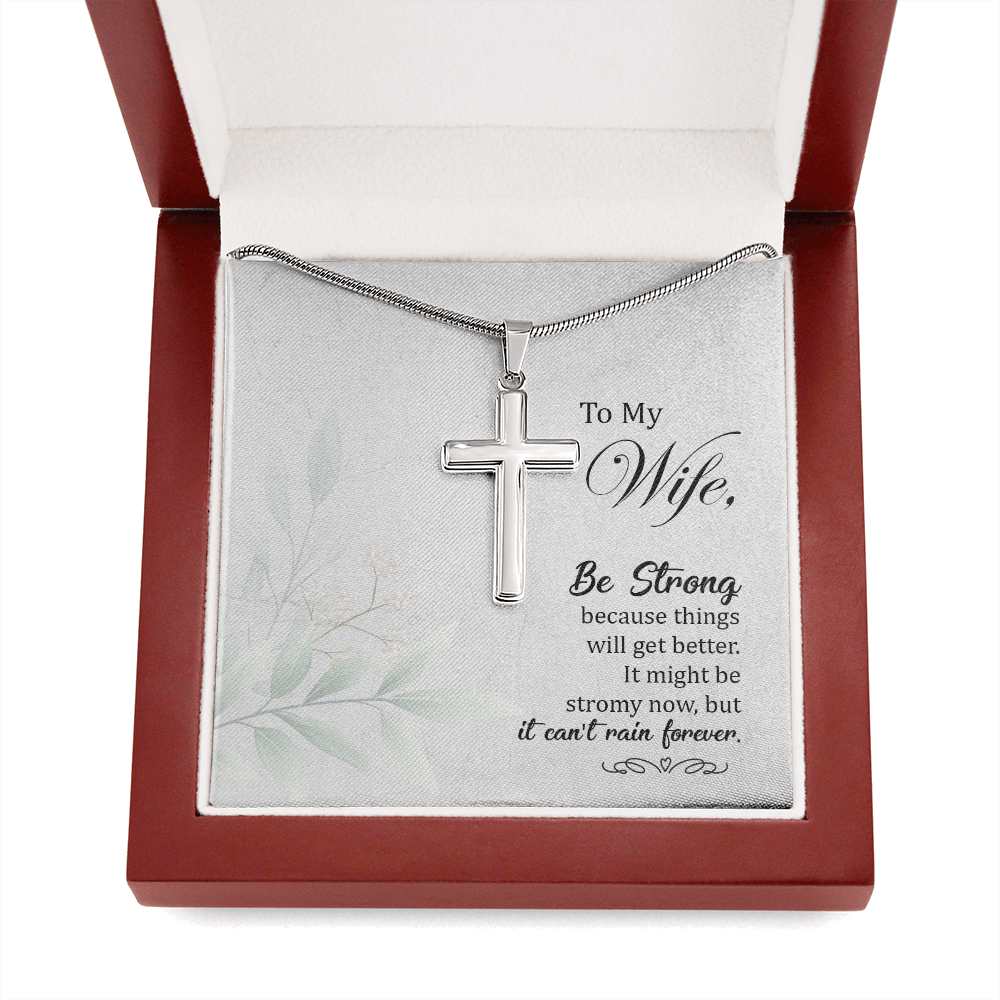 To My Wife Be Strong Cross Card Necklace w Stainless Steel Pendant-Express Your Love Gifts