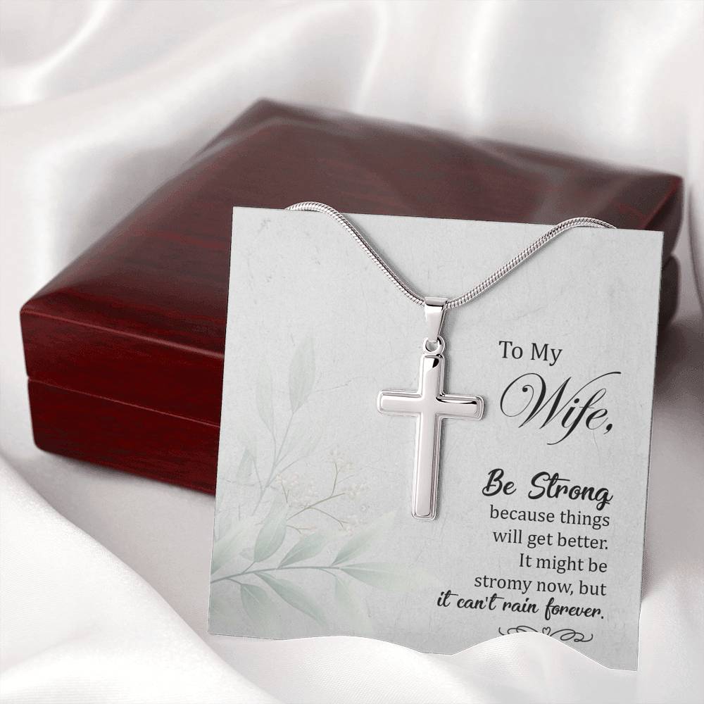 To My Wife Be Strong Cross Card Necklace w Stainless Steel Pendant-Express Your Love Gifts