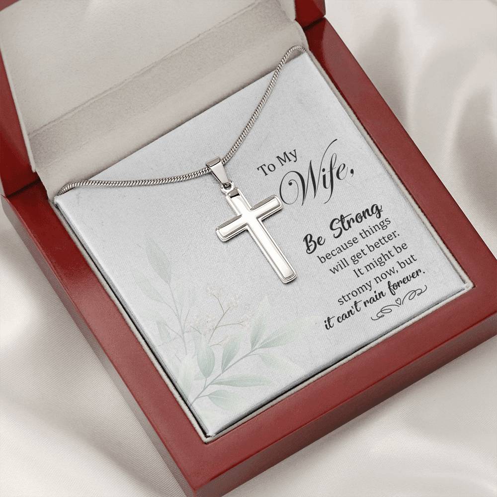 To My Wife Be Strong Cross Card Necklace w Stainless Steel Pendant-Express Your Love Gifts