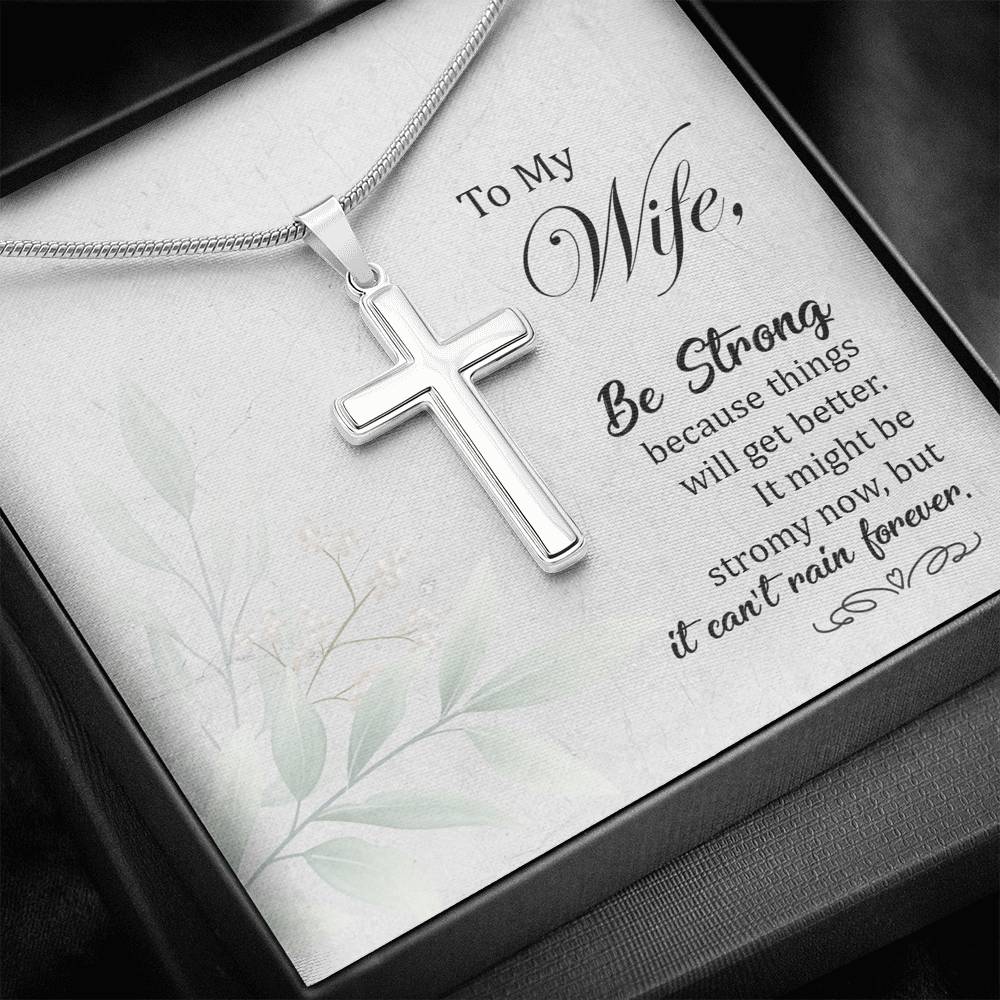 To My Wife Be Strong Cross Card Necklace w Stainless Steel Pendant-Express Your Love Gifts