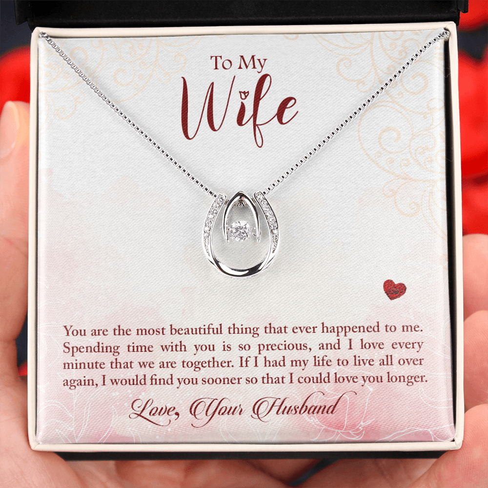 To My Wife Beautiful Thing Lucky Horseshoe Necklace Message Card 14k w CZ Crystals-Express Your Love Gifts