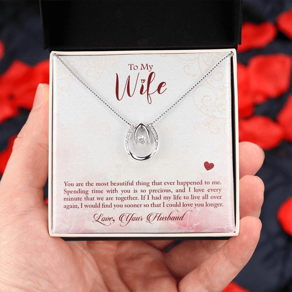 To My Wife Beautiful Thing Lucky Horseshoe Necklace Message Card 14k w CZ Crystals-Express Your Love Gifts