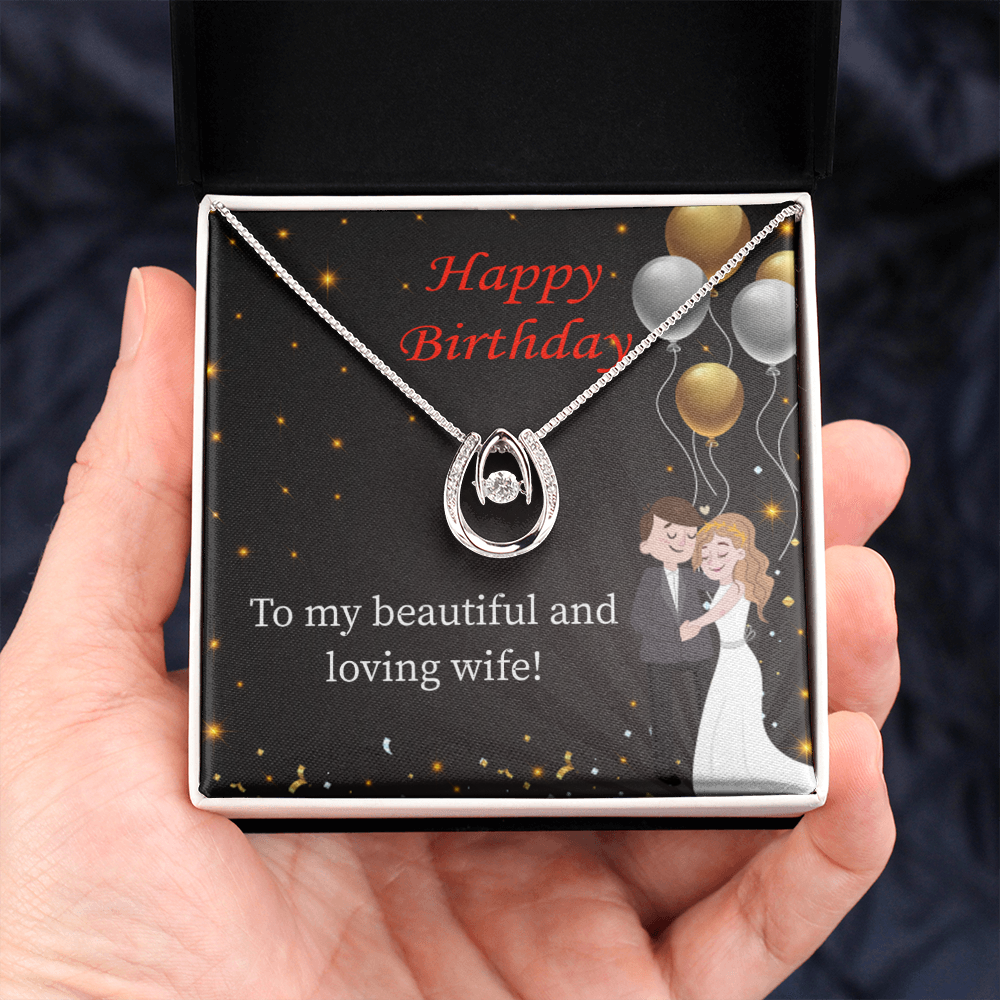 To My Wife Birthday Beautiful and Loving Wife Lucky Horseshoe Necklace Message Card 14k w CZ Crystals-Express Your Love Gifts