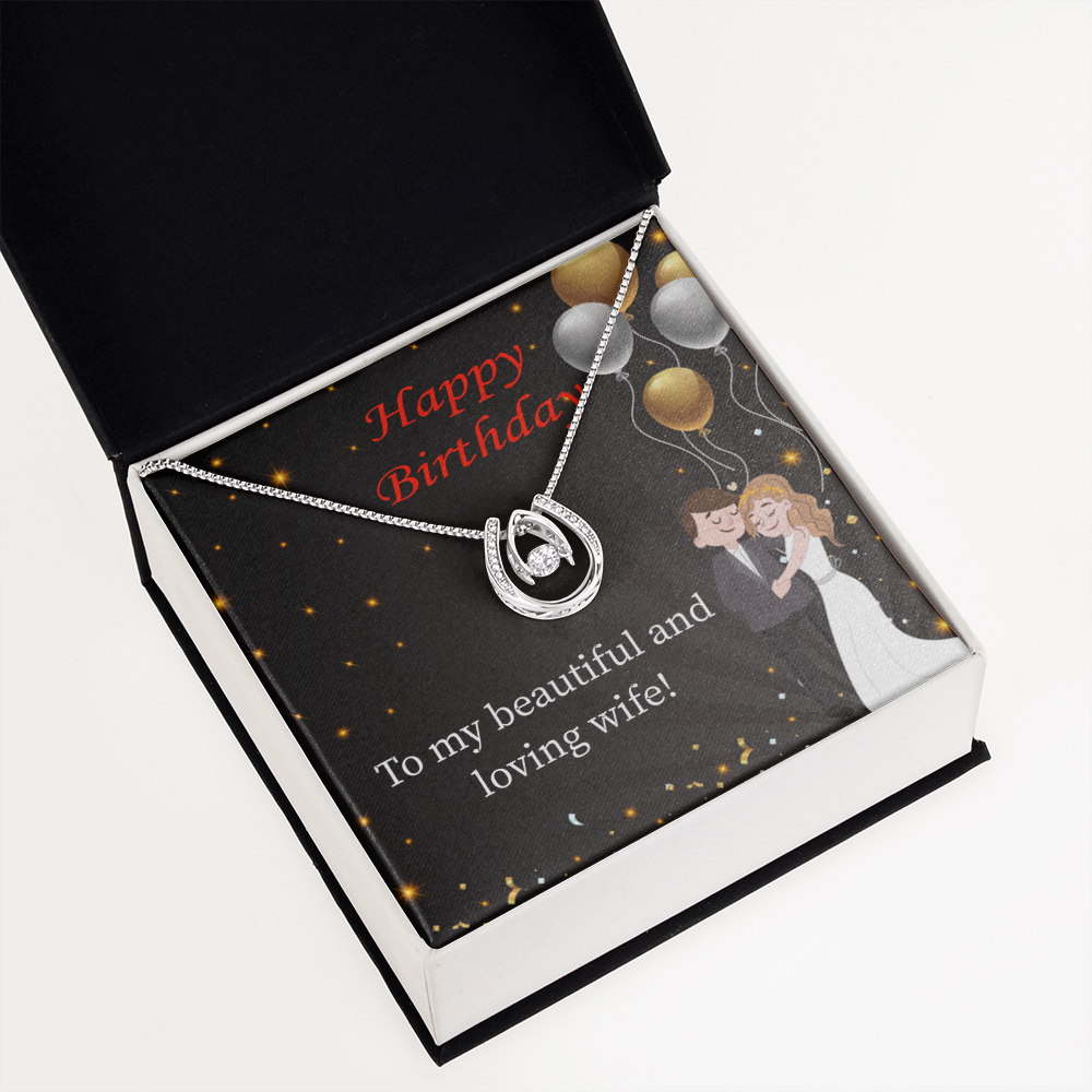 To My Wife Birthday Beautiful and Loving Wife Lucky Horseshoe Necklace Message Card 14k w CZ Crystals-Express Your Love Gifts