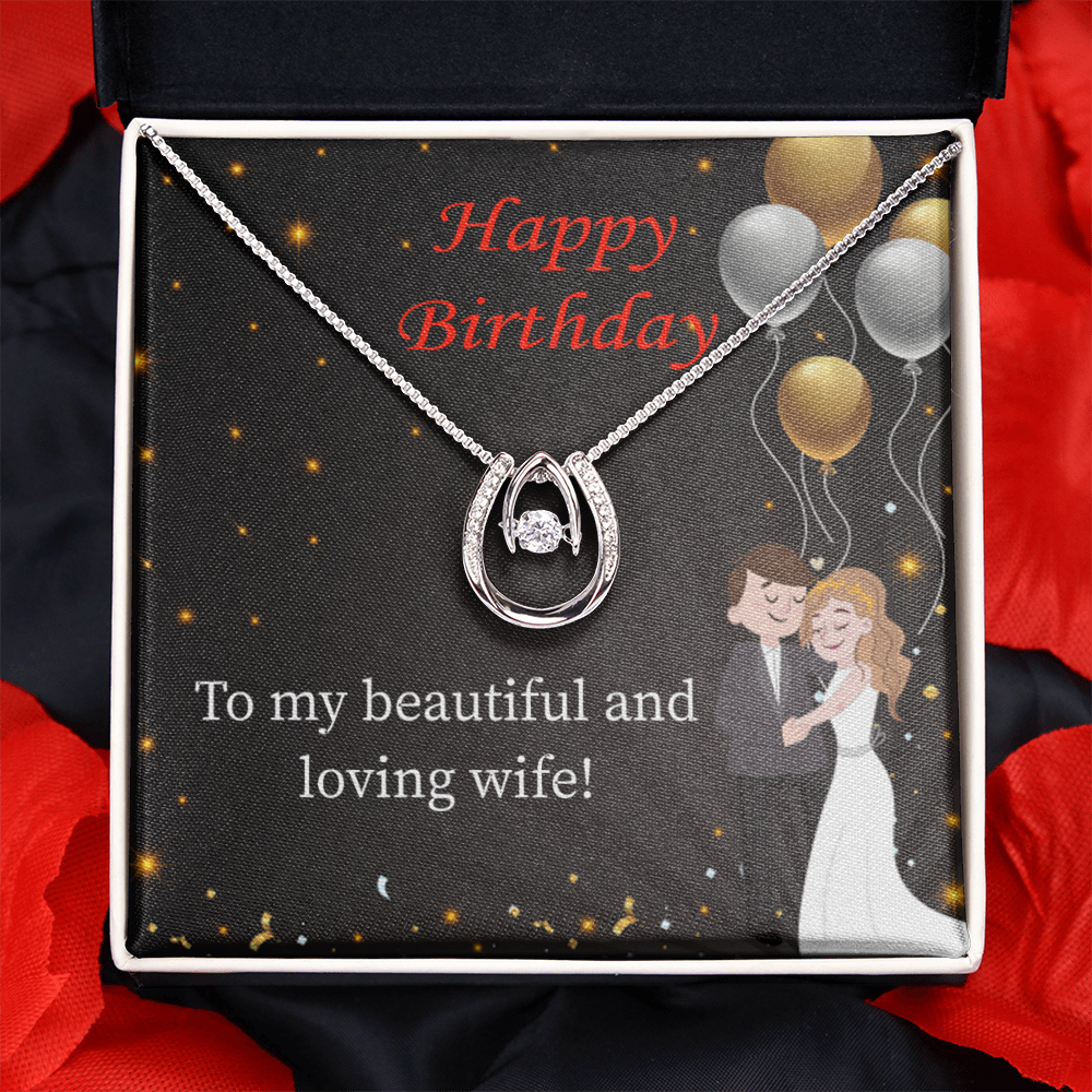 To My Wife Birthday Beautiful and Loving Wife Lucky Horseshoe Necklace Message Card 14k w CZ Crystals-Express Your Love Gifts