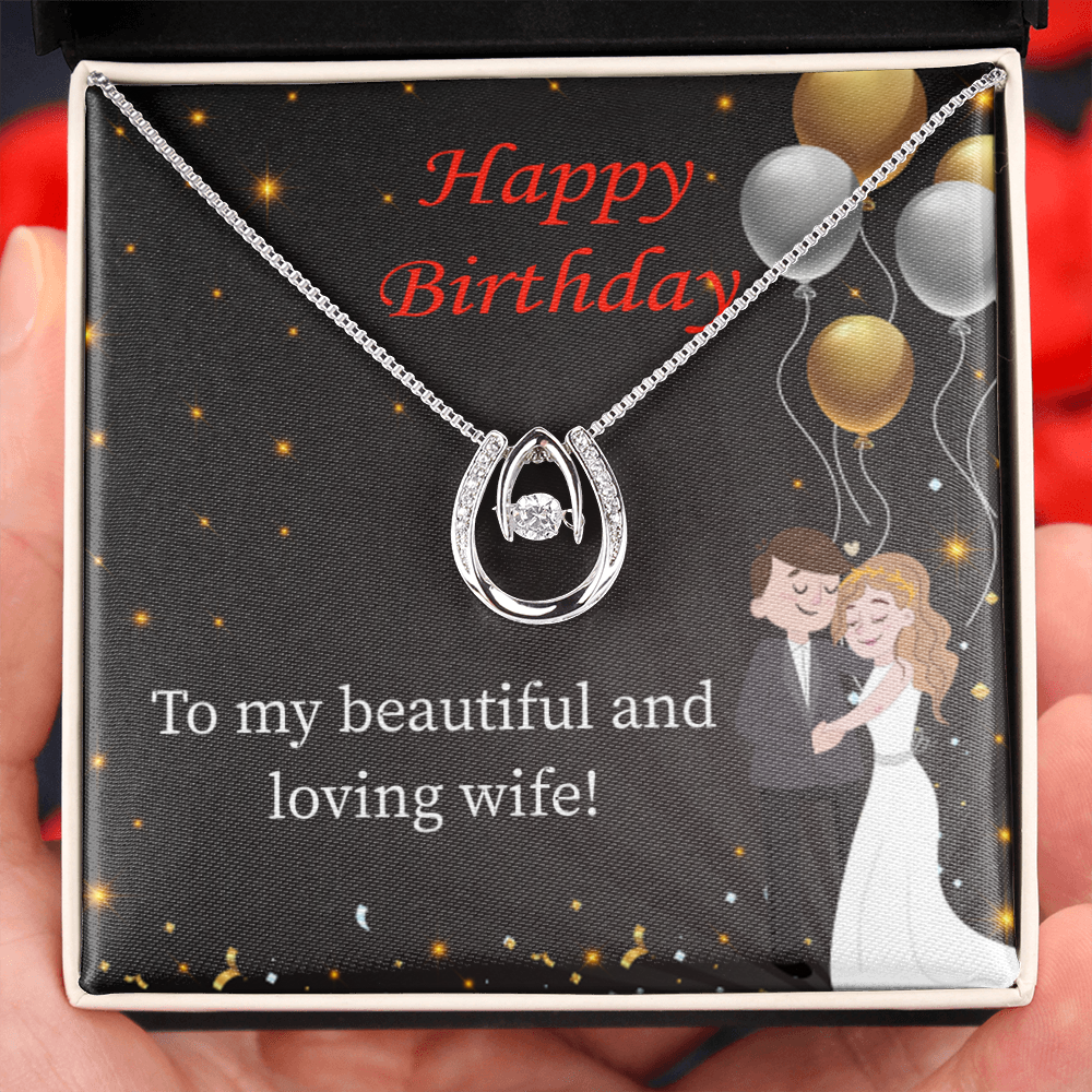 To My Wife Birthday Beautiful and Loving Wife Lucky Horseshoe Necklace Message Card 14k w CZ Crystals-Express Your Love Gifts