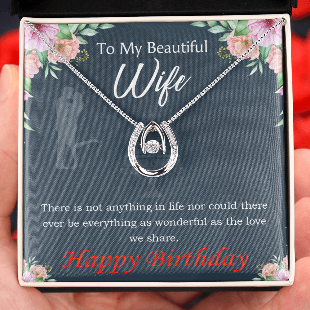 To My Wife Birthday Everything is Wonderful Lucky Horseshoe Necklace Message Card 14k w CZ Crystals-Express Your Love Gifts