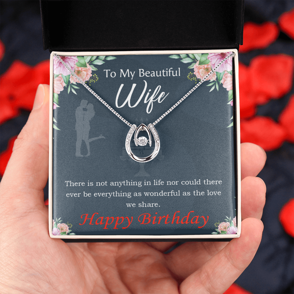 To My Wife Birthday Everything is Wonderful Lucky Horseshoe Necklace Message Card 14k w CZ Crystals-Express Your Love Gifts