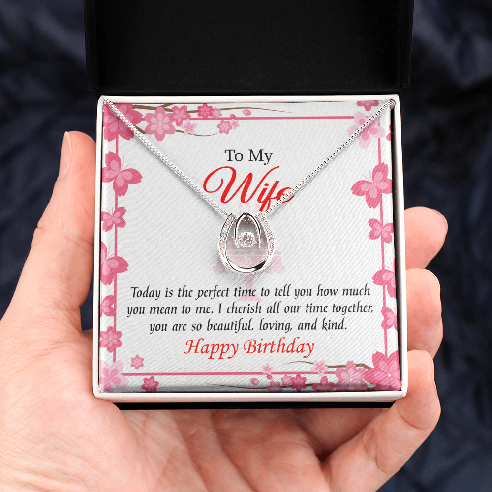 To My Wife Birthday I Cherish Lucky Horseshoe Necklace Message Card 14k w CZ Crystals-Express Your Love Gifts