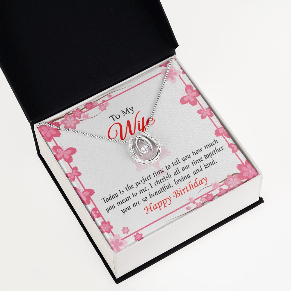 To My Wife Birthday I Cherish Lucky Horseshoe Necklace Message Card 14k w CZ Crystals-Express Your Love Gifts