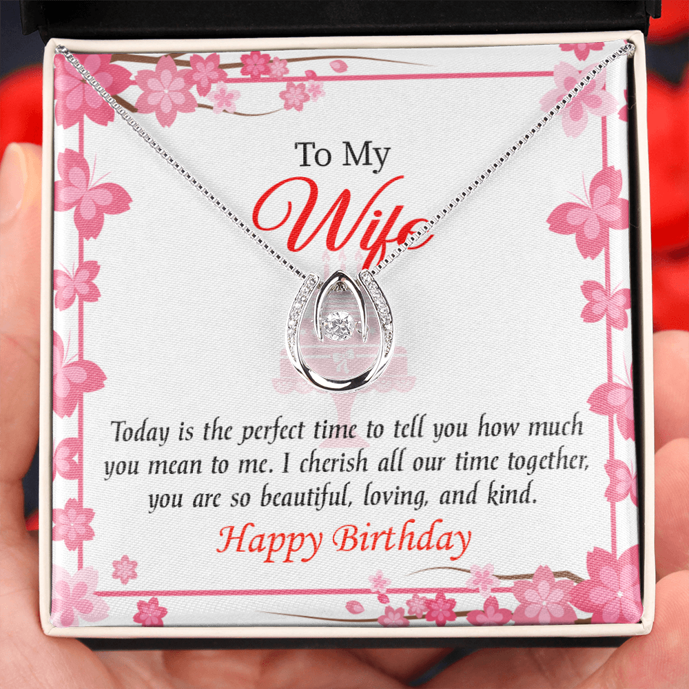 To My Wife Birthday I Cherish Lucky Horseshoe Necklace Message Card 14k w CZ Crystals-Express Your Love Gifts