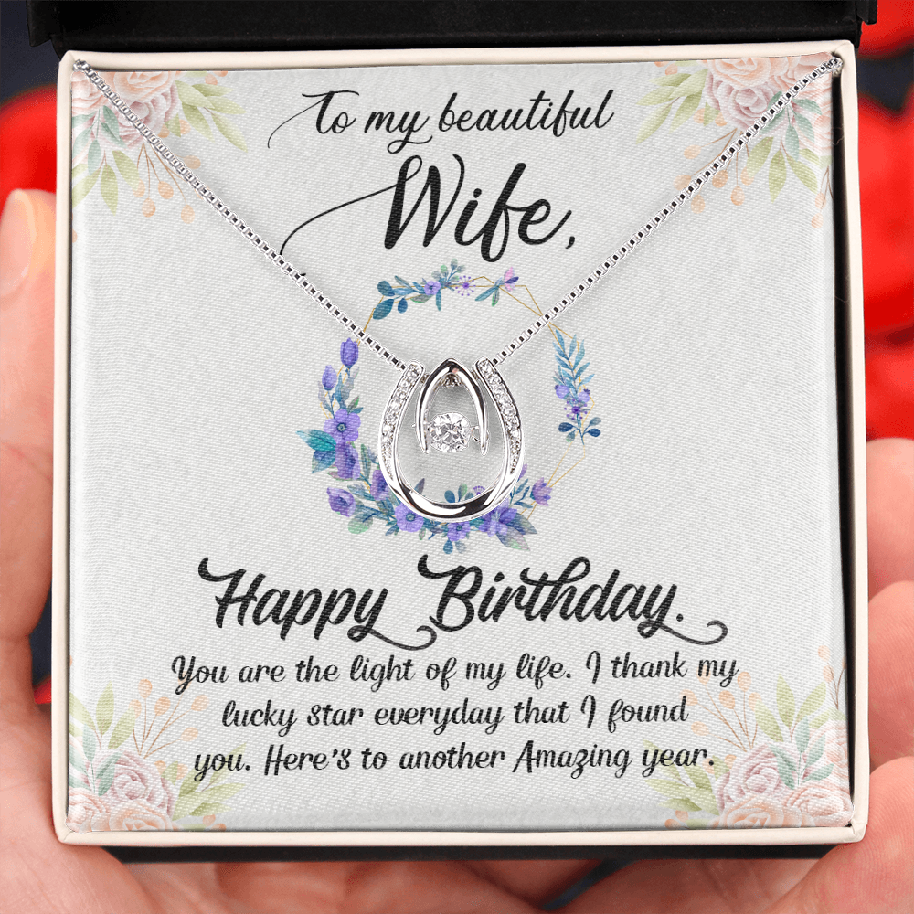 To My Wife Birthday Light of My Life Horseshoe Necklace Message Card 14k w CZ Crystals-Express Your Love Gifts